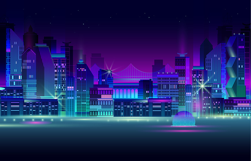 夜晚的城市全景与霓虹灯在黑暗的背景。向量。图片下载