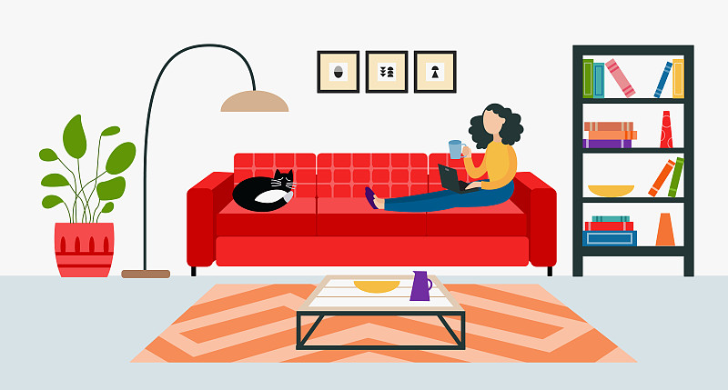 年轻女孩或女人卡通人物坐在沙发上,平面矢量插图孤立图片