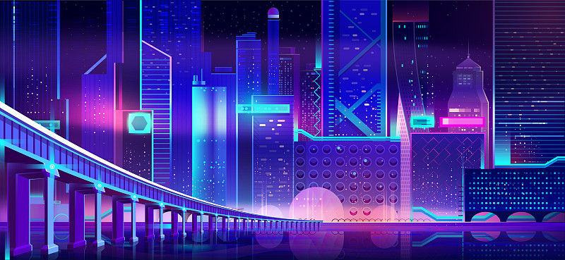 未来城市在夜晚卡通矢量背景图片下载
