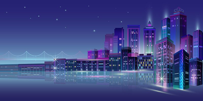 夜间城市全景与霓虹灯在蓝色背景。向量。图片下载