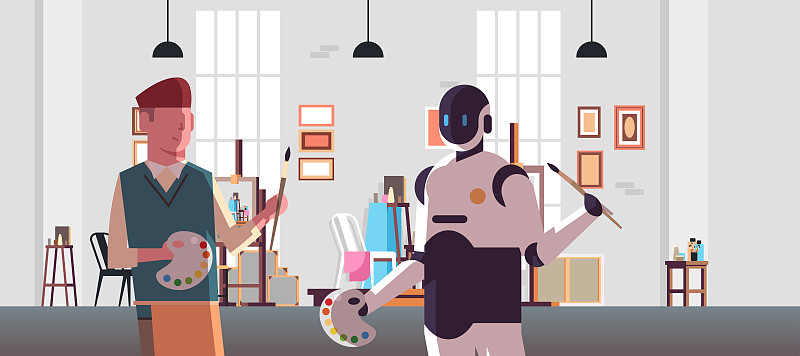 机器人和人类画家拿着画笔和调色板机器人人物vs人站在一起，在现代艺术工作室人工智能技术概念平面肖像水平图片下载