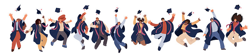 向量平套幸福毕业男女大学生在大学教育学生的学术服装。毕业典礼学生将帽子抛向空中，成功的学习理念图片下载
