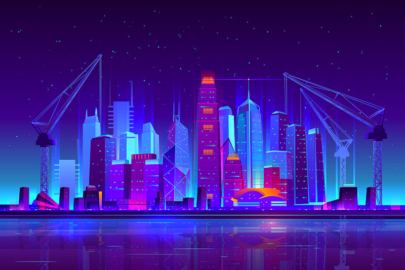 夜间霓虹灯城市建筑与施工起重机图片素材