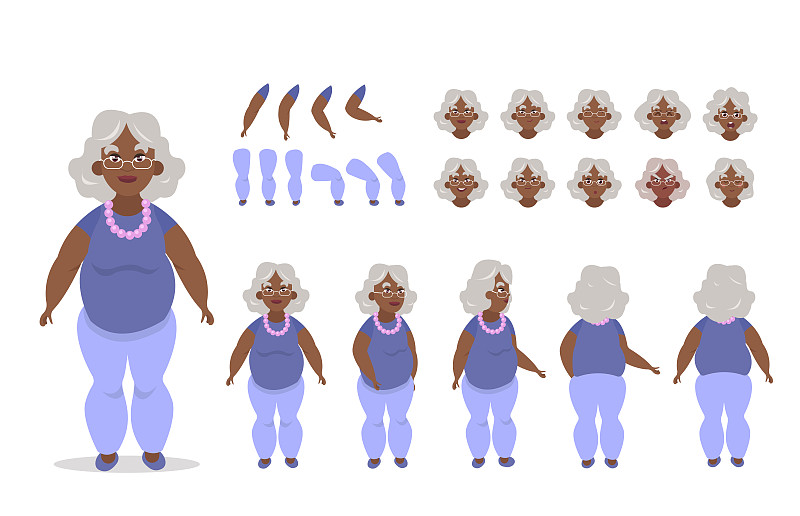 年长的非裔美国女性角色构造动画与各种观点，姿态，手势，情绪图片素材