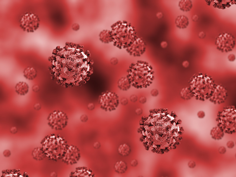 红色背景中的冠状病毒-微生物学和病毒学概念图片素材