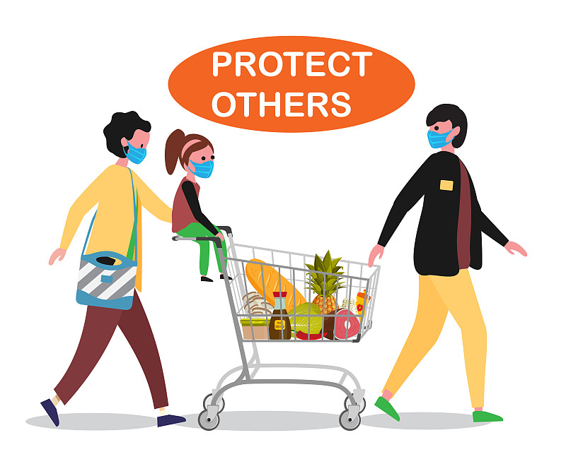 一家人推着购物车在超市购物。父亲，母亲和孩子。每个人都戴着医用防护口罩矢量插图。图片素材