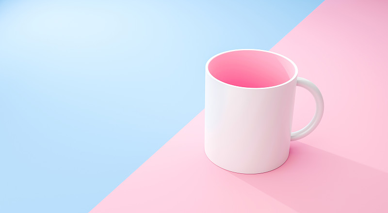 经典的白色马克杯和粉红色内在柔和的夏季背景与空白模板模型风格。空杯子或饮料杯。3 d渲染。图片素材
