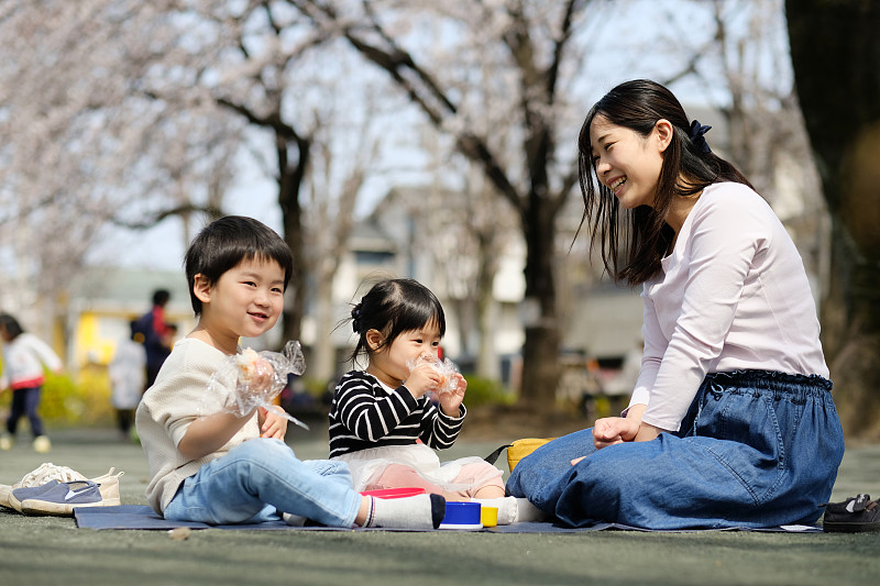母亲和两个孩子在樱桃树下吃午饭图片素材