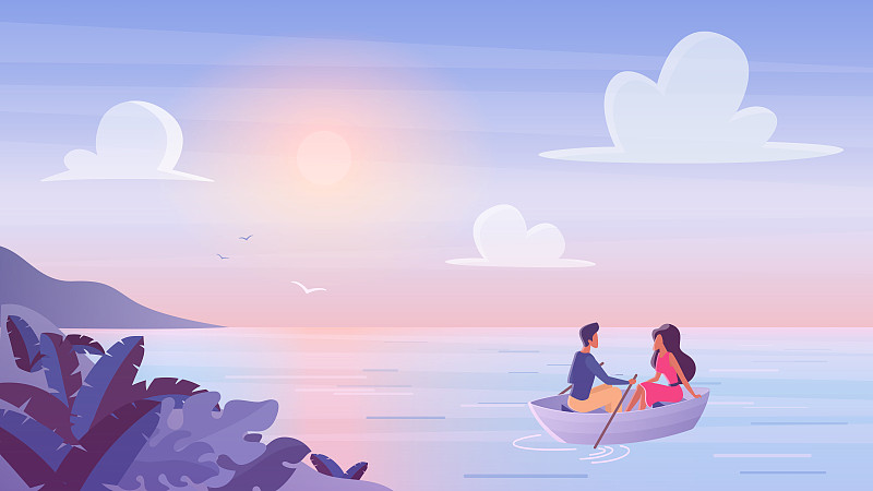 年轻的夫妇浮在木船与浪漫的日落时间。花时间一起划船。爱情关系，暑假时光，休闲旅行矢量插图。图片下载