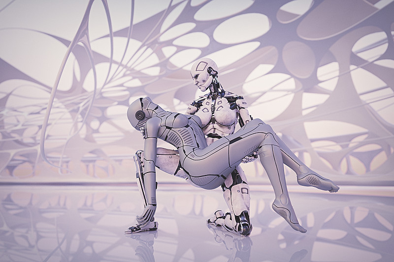 女机器人抱着女半机械人图片素材