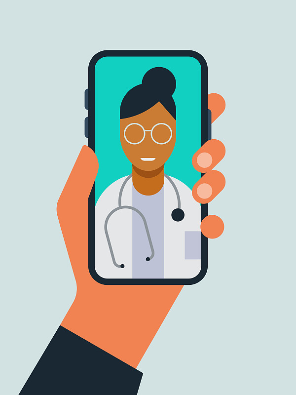 插图手持智能手机与医生在屏幕上远程医疗医生访问图片素材
