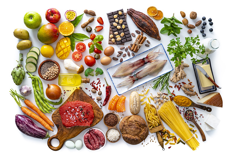 各种食物，碳水化合物，蛋白质，蔬菜，水果，乳制品，豆类，白色图片下载