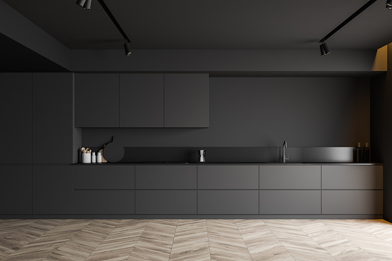 极简主义的灰色厨房内部与台面图片下载