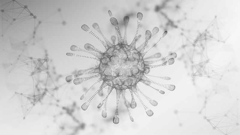 冠状病毒或covid-19三维渲染线框，数字未来设计，技术抽象背景图片下载