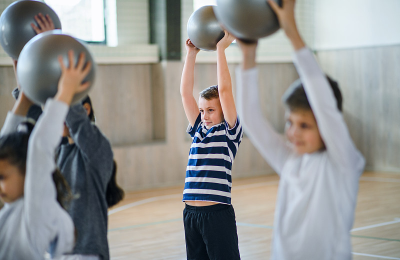 一组学生在体育课上用球在室内运动。图片下载