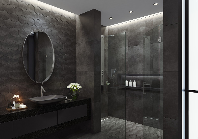 现代全黑色浴室与六角形瓷砖图片下载