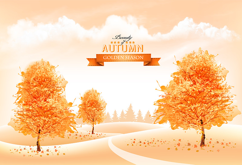 美丽的秋天自然背景与金色的树木和景观。向量。图片下载