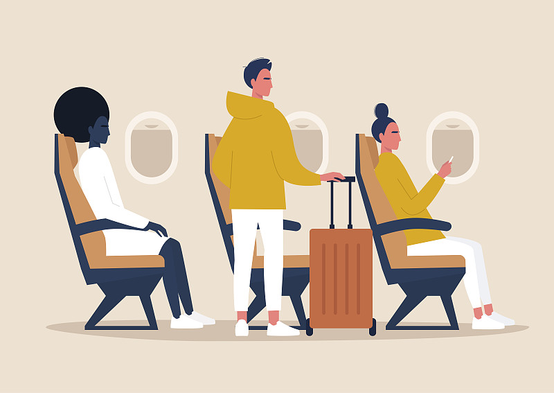 旅行概念，乘客在飞机上，飞机客舱的侧面视图图片素材