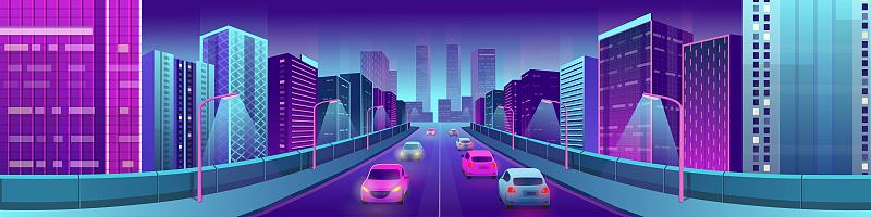 全景霓虹灯城市，明亮的房屋，立交桥，道路和汽车。矢量插图。图片素材