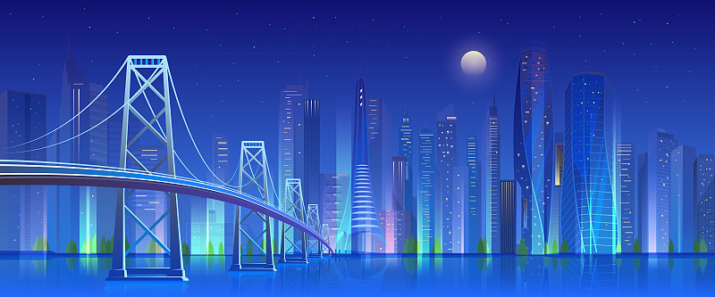 城市桥在夜晚矢量插图，卡通平面现代城市天际线，蓝色的未来主义城市景观与摩天大楼在霓虹灯，照明桥梁的背景图片下载