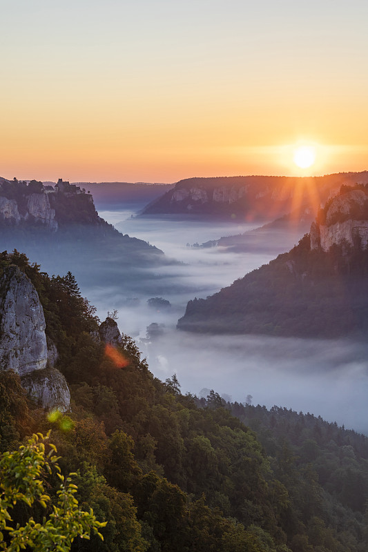 德国，巴登-符腾堡州，夏日日出时，多瑙河峡谷笼罩在雾中图片下载