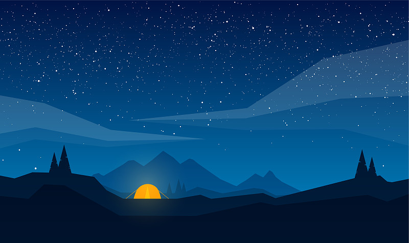 矢量夜山景观帐篷营地，几何云彩和星空。图片下载
