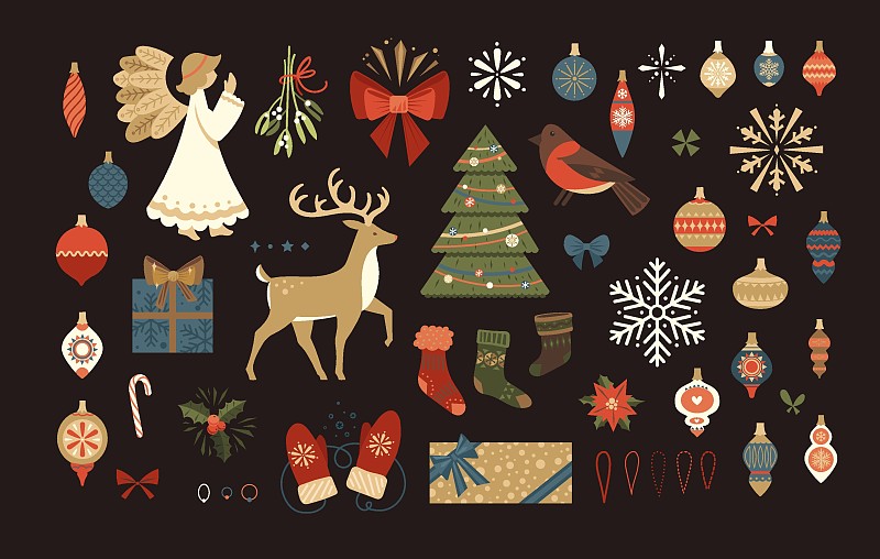 圣诞快乐，新年快乐。圣诞球，天使，鹿，袜子，雪花，礼物，圣诞树图片素材