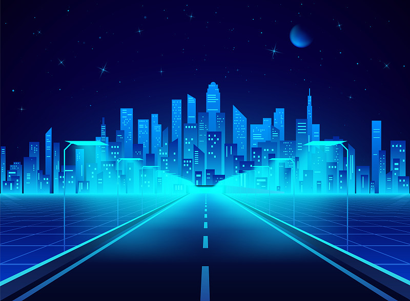 蓝色的霓虹复古城市景观。通往赛博朋克未来小镇的高速公路。科幻背景的抽象数字建筑。矢量图素材