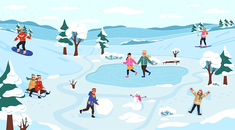 Winter outdoor activity. Snow games on fresh air, children frosty walk, people seasonal activities, snowman modeling, playing snowballs and ice skating, vector christmas postcard图片下载