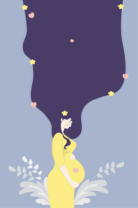 母亲。一个快乐的孕妇穿着黄色的裙子，用手温柔地抱着她的肚子，背景装饰着植物和鲜花。矢量插图。垂直的旗帜图片素材