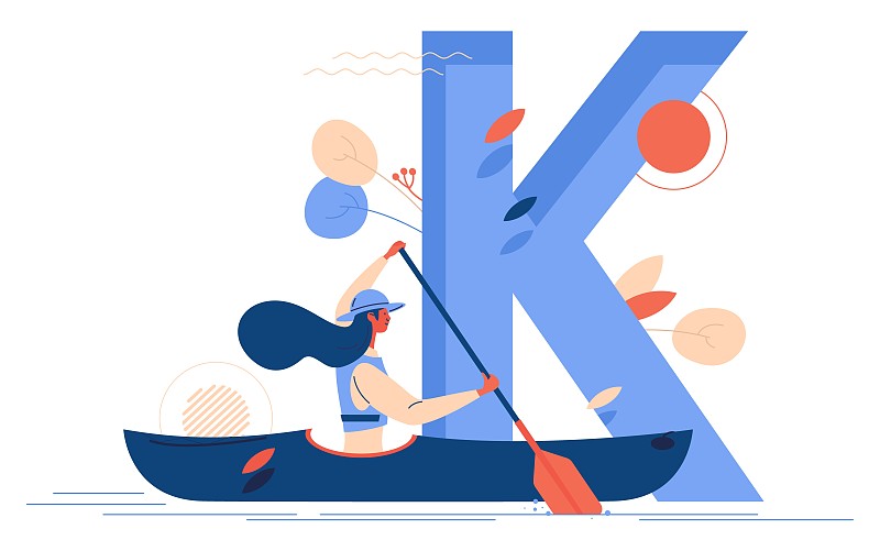 皮划艇概念插图与妇女在皮划艇和大字母K的背景。矢量场景，适合水上运动学校和俱乐部孤立的白色图片下载