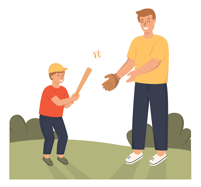 父亲和儿子在森林里打棒球。平面设计说明。向量图片素材