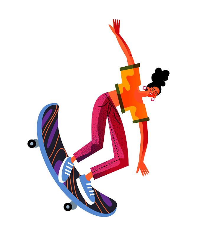 年轻女子在玩滑板。快乐女孩溜冰板上的速度，孤立在白色的背景。娱乐在滑板公园操场矢量插图。现代青年休闲图片下载