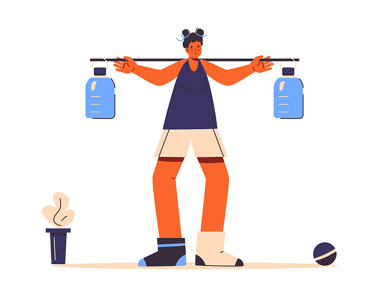 运动在家里。女人在健身时用重瓶装水代替哑铃。图片下载