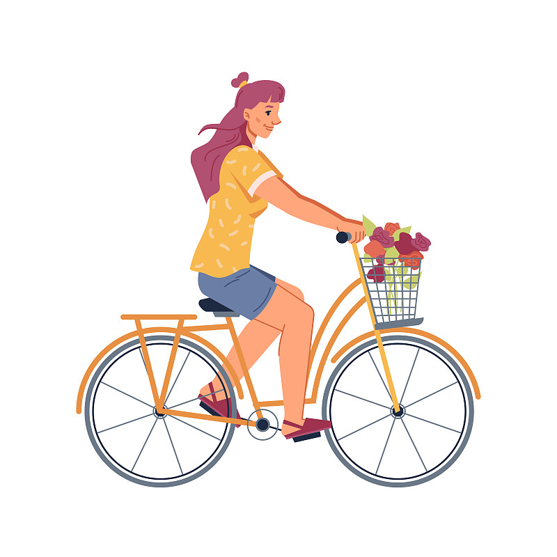 骑自行车的女人孤立扁平卡通人。矢车手骑着自行车在花篮里装饰。健康的生活方式，积极骑自行车的人享受骑山地车图片素材