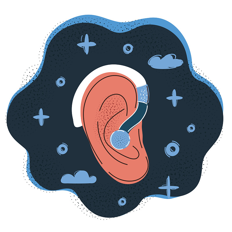 耳后助听器图示佩戴助听器的耳朵。失聪问题或听力丧失。图片下载