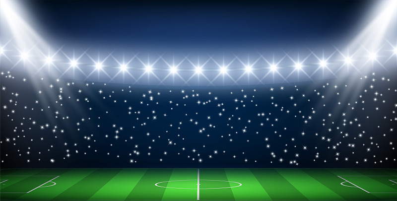 现实的空足球场标记绿色领域发光的光投影仪矢量插图图片下载