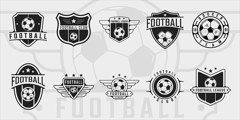 一套足球或足球符号复古矢量符号插图模板图标图形设计。与复古徽章和版式的各种体育俱乐部标志或符号的捆绑收集图片下载