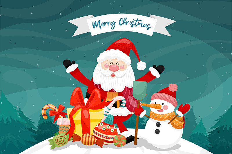有圣诞老人，雪人和礼盒的圣诞贺卡。图片下载