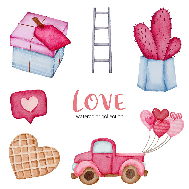 集大孤立的水彩情人节概念元素可爱浪漫的红粉红色心形装饰，矢量插图。图片下载
