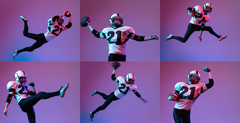 拼贴画。肖像的美国橄榄球运动员在运动，孤立的紫色背景在霓虹灯。图片下载
