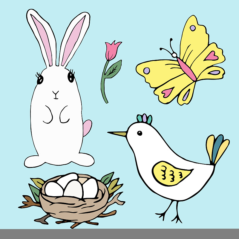 复活节套装涂鸦风格。复活节快乐手绘巢，鸡蛋和兔子矢量孤立在蓝色背景。图片下载