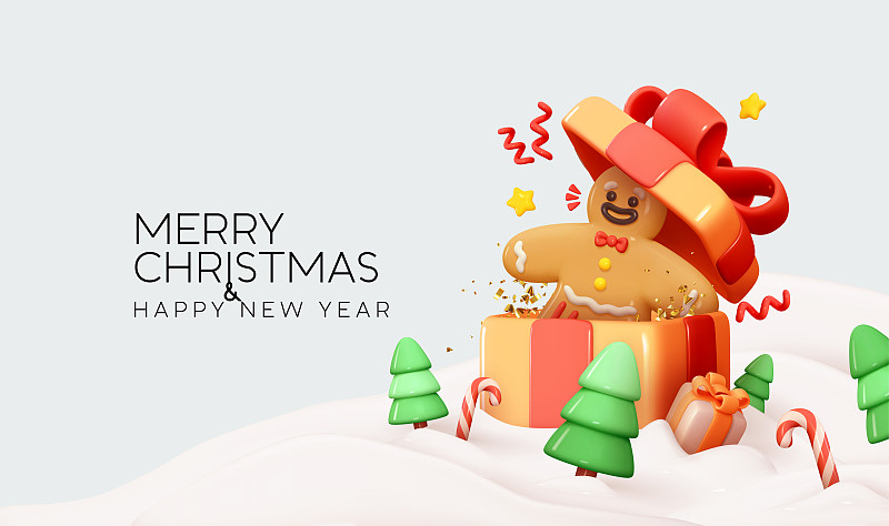 圣诞和新年的背景是雪一个打开的礼品盒里面有姜饼人快乐的笑脸。白雪绿树上，糖果拐杖，礼品盒。逼真的3d圣诞构图。矢量图下载