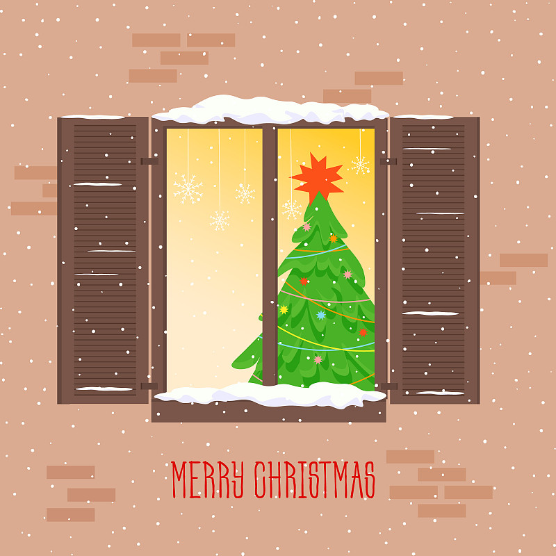 砖墙上有百叶窗的圣诞窗。明信片模板。房子里有一棵为新年装饰的圣诞树。图片下载