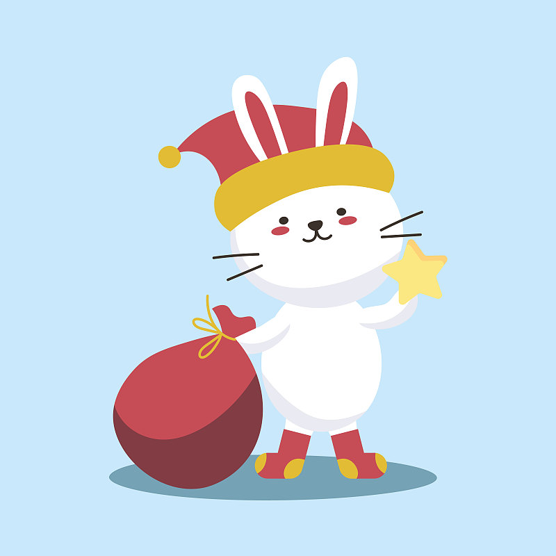 可爱的圣诞节兔子。平面卡通插图，穿着圣诞老人服装的小白兔拿着孤立的星星在蓝色背景上。向量10每股收益。图片下载