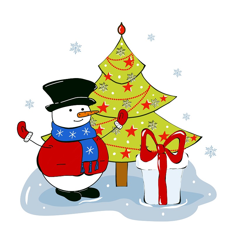 雪人与圣诞树和礼物。设计圣诞卡或邀请模板。插图、平面设计。图片下载