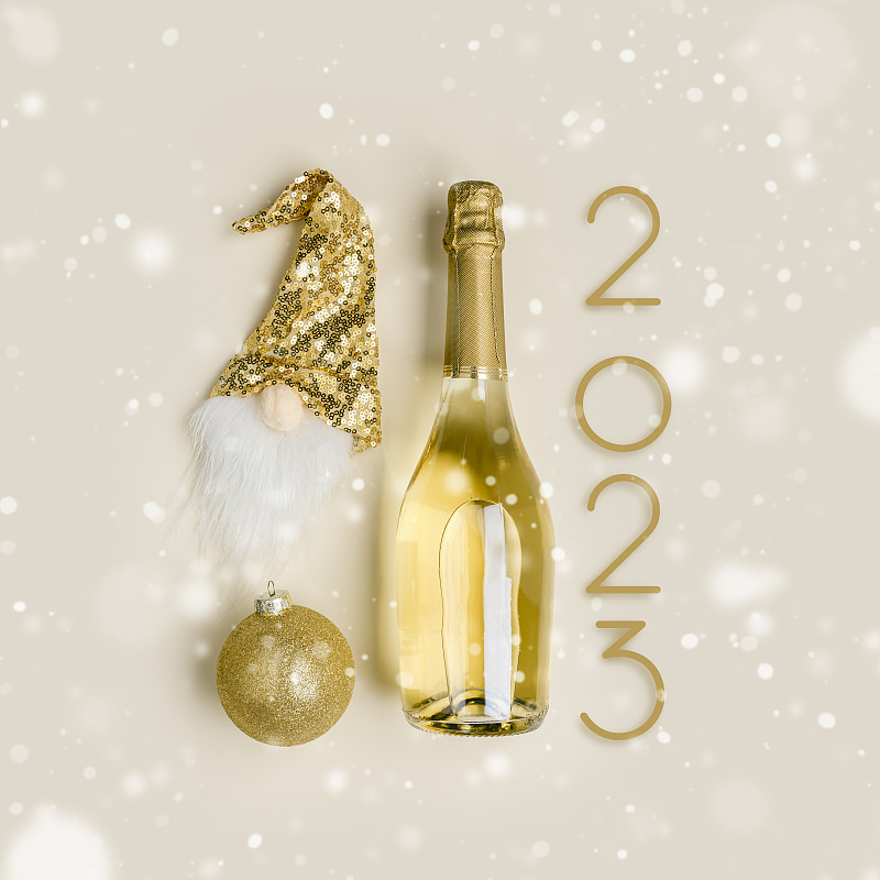 香槟酒瓶，金色亮片帽子，有趣的侏儒，2023年新年。圣诞节日装饰和新年欢乐晚会概念，节日贺卡。最小趋势广场图案，雪花图片下载
