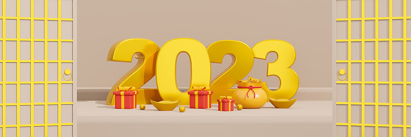 中国新年2023年，模板的广告，网络，社交的golden2023和礼盒与米色背景的幸运袋。三维渲染图片下载