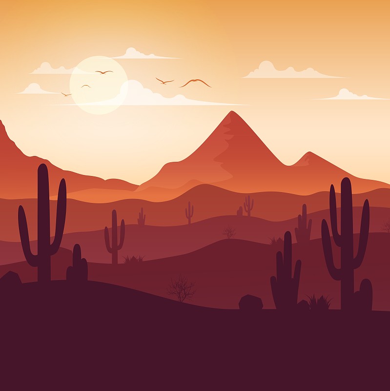 沙漠景观与仙人掌在日落的背景图片下载