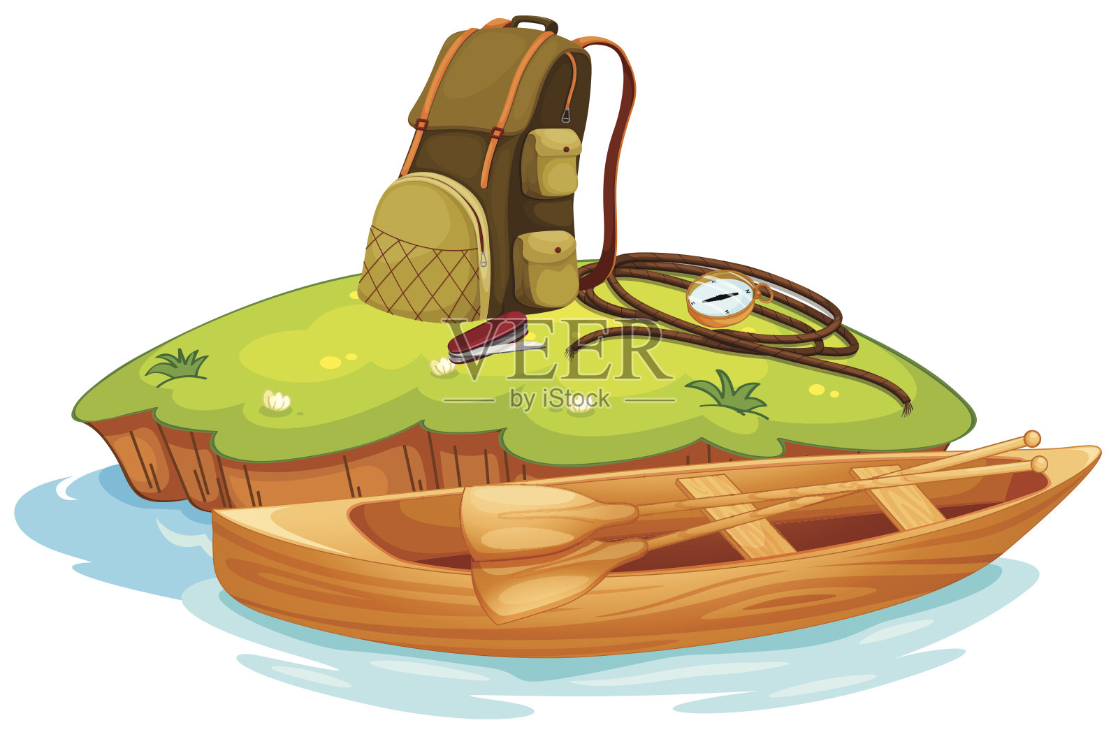 各种野营用品和独木舟插画图片素材